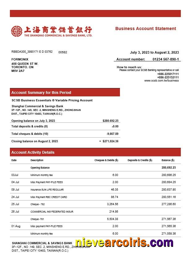 Shanghai Commercial & Savings Bank firm account statement